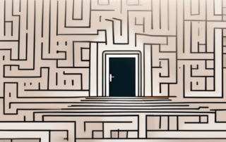 Person mit Koffer steigt symbolische Karriereleiter hoch, Bücher im Hintergrund.