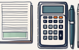 Person mit Taschenrechner und Diagramm auf Schreibtisch, fokussiert auf Berechnungen.