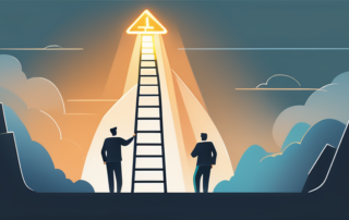 Person schaut optimistisch auf aufsteigende Gehaltsscheine und Karriereleiter.