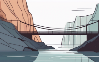 Person springt über Lücke zwischen altem und neuem Arbeitsplatz-Symbol.