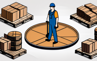 Person stapelt Kisten in einem organisierten, beleuchteten Lager.