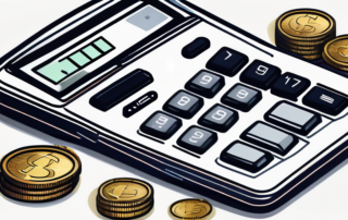 Person tippt auf Laptop, Tabellen und Rechner im Hintergrund.