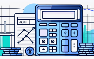 Person tippt auf Taschenrechner, umgeben von Geldscheinen und Stundenglas.