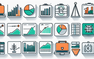 Projektmanager mit Lupe betrachtet Gehaltsscheck, Grafiken im Hintergrund.