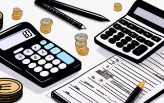 Rechner, Gehaltsscheine, Stift und Taschenrechner auf einem Schreibtisch.