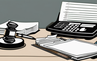 Rechtsanwalt betrachtet stolz Gehaltsabrechnung auf seinem Schreibtisch.