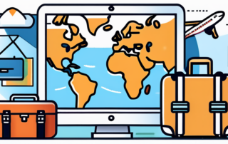 Reiseberater plant Tour mit Weltkarte und Euro-Scheinen im Hintergrund.