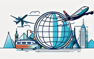 Reisebüromitarbeiter zeigt Kunden auf Weltkarte die besten Reisedeals.