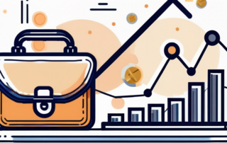 Schreibtisch mit Laptop, Diagramme im Wachstum, Geldscheine daneben.