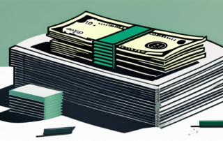 Schreibtisch mit Laptop, Diagramme, und Frau hält Gehaltsscheck.