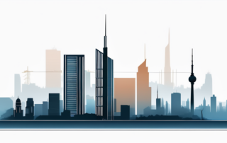Stadtansicht von Berlin mit übereinander gestapelten Geldscheinen im Vordergrund.