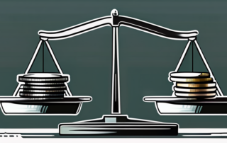 Stapel Banknoten neben einer Waage und Justitia-Statue.