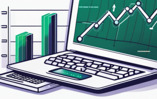 Stapel von Geld neben Rechner und Buchhaltungsdiagrammen auf Schreibtisch.