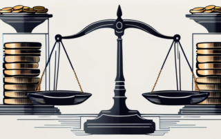 Stapel von Geldscheinen mit Richterhammer und Gesetzbüchern im Hintergrund.