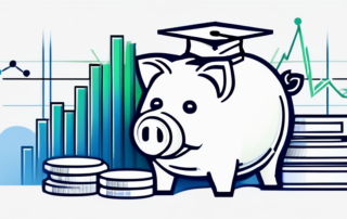 Student, Laptop, Diagramme des Gehalts, Geldscheine, strahlendes Lächeln.