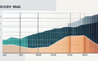 Tabelle mit Stundenlöhnen, Deutschlandkarte im Hintergrund, buntes Diagrammdesign.