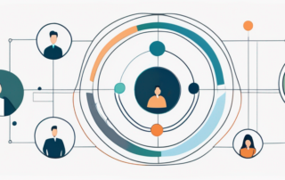 Teamleiter vor Tafel, Gehaltszahlen und Diagramme umgeben von Mitarbeitern.