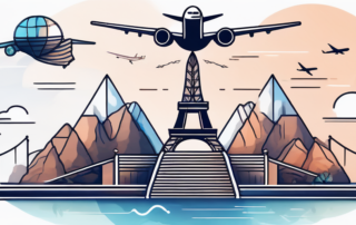 Tourismuskauffrau präsentiert glücklich einen Gehaltscheck vor einem Reisebürohintergrund.