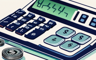 US-Dollar Geldstapel mit Taschenrechner und Brutto Netto Rechner drauf.