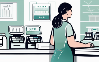 Verkäuferin lächelt beim Scannen von Produkten, Kunden interagieren positiv.