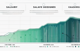 Webdesigner am Schreibtisch, betrachtet Gehaltsgrafiken auf seinem Computerbildschirm.
