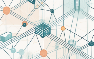 Weltkarte mit Logistik-Symbolen, Personen, Fahrzeuge und Pakete.
