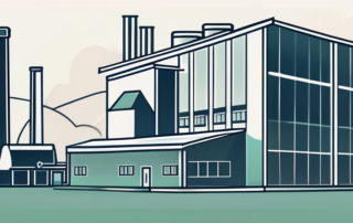 Werksleiter blickt auf aufsteigende Gehaltskurve, Industrie im Hintergrund.