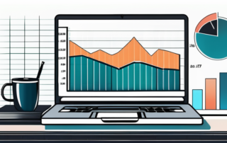 Werkstudent betrachtet Gehaltsabrechnung auf Laptop, Diagramme im Hintergrund.