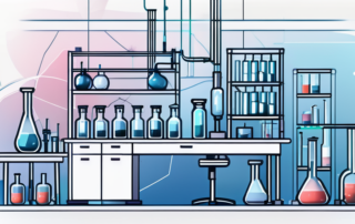 Wissenschaftler betrachten Reagenzglas, Geldscheine im Hintergrund.