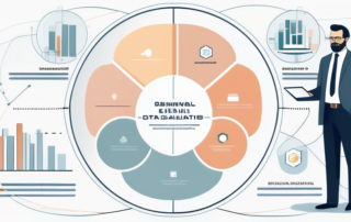 Zwei Personen analysieren Daten auf großen Bildschirmen in modernem Büro.