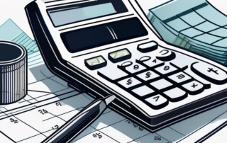 Nahaufnahme eines Taschenrechners, Finanzdiagramme und Geldscheine, symbolisch fuer strategische Finanzplanung und Gehaltsverhandlungen im Bereich der Steuerbuchhaltung.