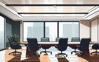 Ruhiger professioneller Besprechungsraum mit poliertem Holzkonferenztisch, modernen Stuehlen und dezenter Dekoration fuer erfolgreiche Verhandlungen