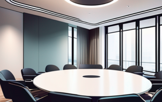 Professioneller Verhandlungsraum mit rundem Tisch und ergonomischen Stuehlen, indirekte Beleuchtung und moderne Dekoration fuer produktive Dialoge.