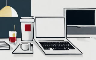 Professionelles Buero mit Schreibtisch, Laptop, Notizbuch und Kaffeetasse, modernem Buero im Hintergrund.