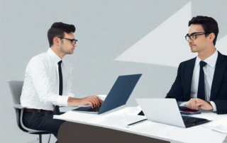 Professioneller bei Gehaltsverhandlungen und Bewerbungsprozessen am Schreibtisch mit Laptop im Buero.