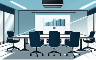 Professioneller Konferenzraum mit grossem Tisch, Stuehlen und Projektor fuer strategische Verhandlungen oder wichtige Geschaeftstreffen, ruhige blaue Farbpalette, organisierte Arbeitsumgebung.