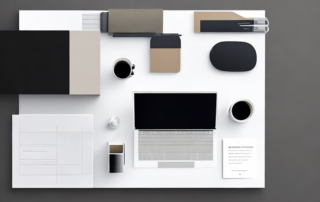 Schlanker Arbeitsbereich mit Laptop, Kaffee und Notizblock auf hellem Hintergrund fuer Gehaltsverhandlungstipps.