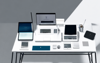 Modernes Buero mit Laptop, Notizblock und Kaffee fuer produktives Arbeiten.