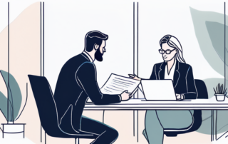 Professionelle Gehaltsverhandlung mit zwei Personen am Tisch mit Dokumenten und Laptop in ruhiger, neutraler Umgebung.