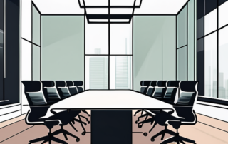 Professioneller Besprechungsraum mit grossem Tisch, hohen Stuehlen und minimalistischem Design fuer eine ruhige Verhandlungsatmosphaere.