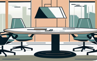 Bueroumgebung fuer Gehaltsverhandlungen mit Verhandlungstisch, symbolischen Stuehlen, Waage und Pfeilen, die nach oben zeigen.