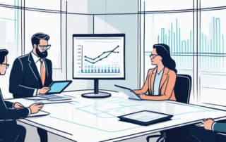 Klassisches Buero mit detaillierter Gehaltsgrafik und Verhandlungsfuehrender praesentiert Bedingungen auf einem digitalen Tablet, symbolisiert effektive Gehaltsverhandlungen.