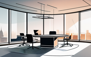 Buerobild mit Verhandlungstisch, Dokumenten und digitalen Geraeten, strategische Gehaltsgespraeche, modernes Fenster mit sanftem Licht fuer konzentrierte Diskussionen.