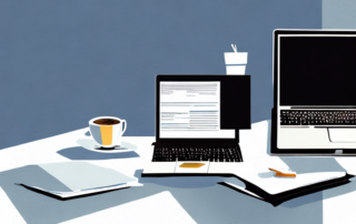 Bueroeinstellung mit Schreibtisch, Laptop, Kaffeetasse und Dokumentenstapel, betont Vorbereitung und Organisation bei Gehaltsverhandlungen.