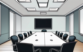 Leerer Firmenkonferenzraum fuer berufliche Gespraeche mit poliertem Tisch und Stuehlen, betont Vorbereitung auf wichtige Verhandlungen.