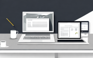 Professioneller Arbeitsplatz mit Laptop, Notizblock und Kaffee, zeigt Vorbereitung und strategische Planung fuer Karrierefortschritt.