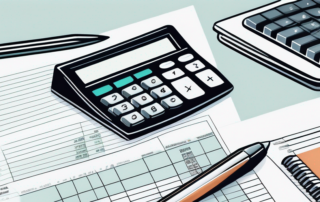 Nahaufnahme eines Taschenrechners, Tabellen und Finanzdokumente auf einem Buero-Schreibtisch, symbolisch fuer strategische Finanzplanung und -verwaltung.