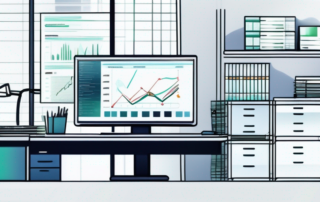 Professioneller Arbeitsplatz mit modernem Computer, ordentlich gestapelten Finanzdokumenten und Finanzdiagrammen auf dem Bildschirm, Symbol fuer Strategie und Effizienz im Arbeitsumfeld eines Steuerprofis.