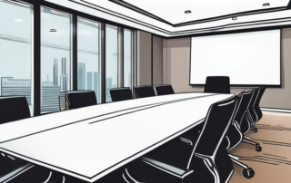 Sleekes, modernes Besprechungszimmer mit poliertem Konferenztisch und hohen Stuehlen fuer Verhandlungen, Flipchart fuer Strategie und Vorbereitung.