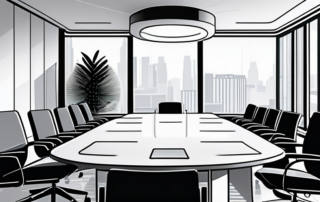 Moderner, eleganter Konferenzraum mit rundem Tisch und Hochlehner-Stuehlen, ideal fuer ernsthafte Gespraeche wie Gehaltsverhandlungen, mit sanfter Beleuchtung und ordentlich angeordnetem Buerozubehoer auf dem Tisch.